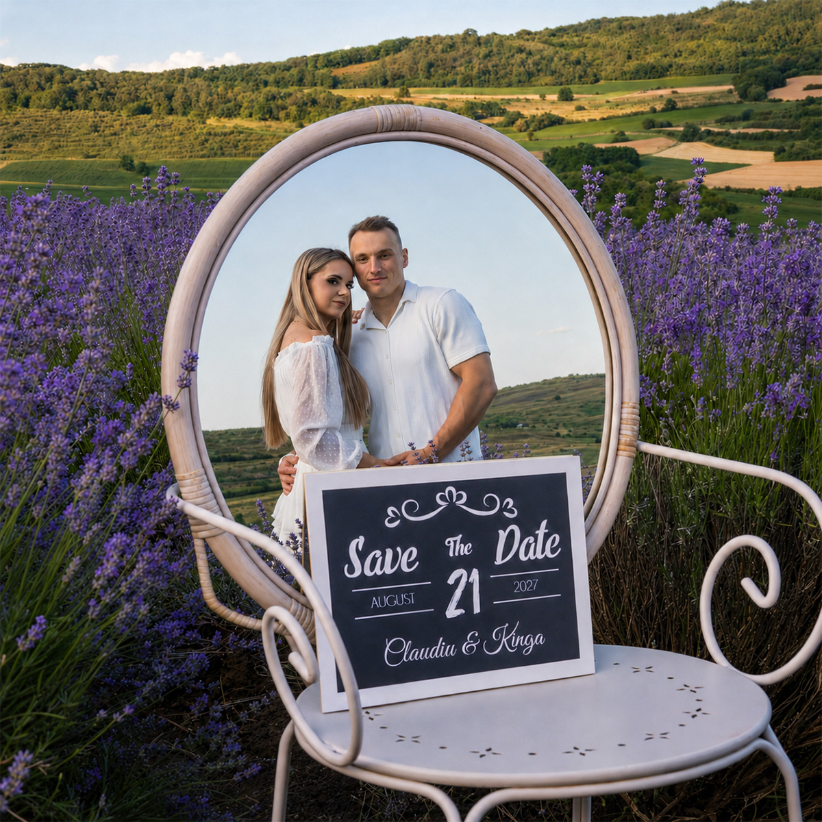 Cuplu fotografiat într-o oglindă la o ședință Save the Date în lan de lavandă