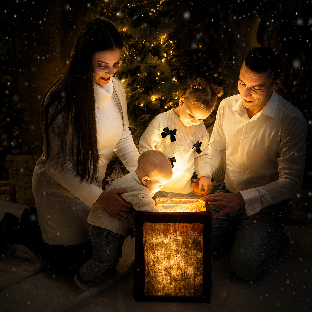 Familie fotografiată în studio într-un decor de Crăciun, în jurul unei cutii luminoase